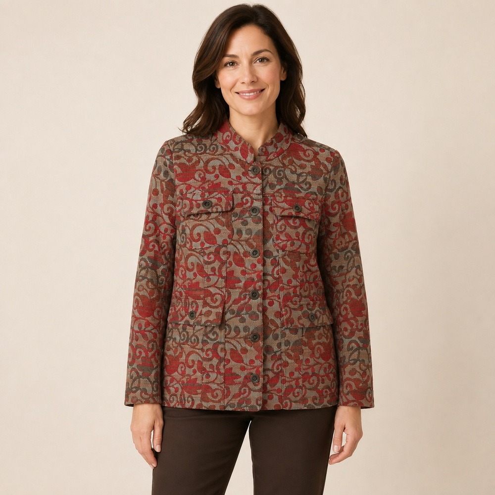 Christopher & Banks Women's M Red Brown Tapestry Jacquard Shirt Jacket Autumn